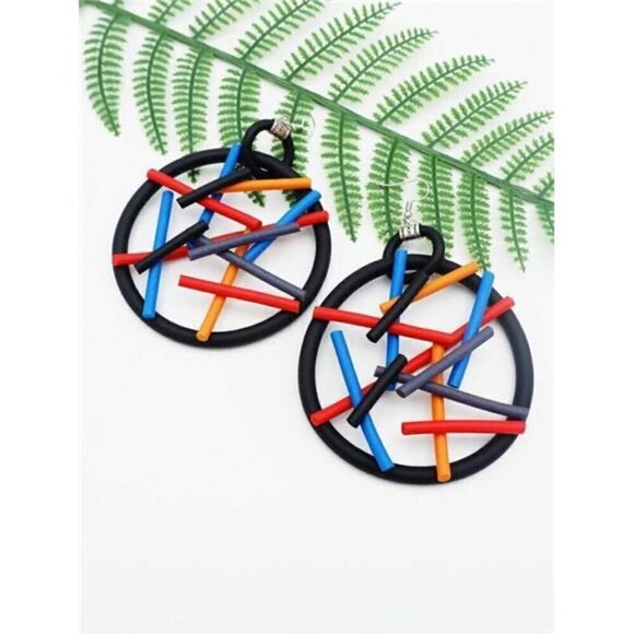 SPRINKLES and Funk Rubber Stick & Round Decor Hoop Drop Women's Earrings Black - Picture 4 of 5
